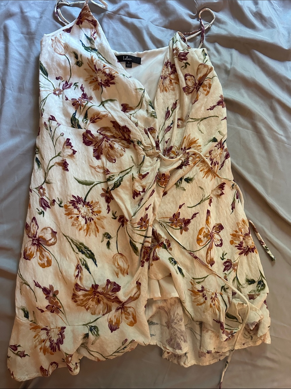 Lulu's Cream Floral Wrap dress with Purple & Yellow Flowers